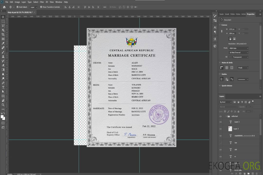 Modèle PSD de certificat de mariage en République centrafricaine template